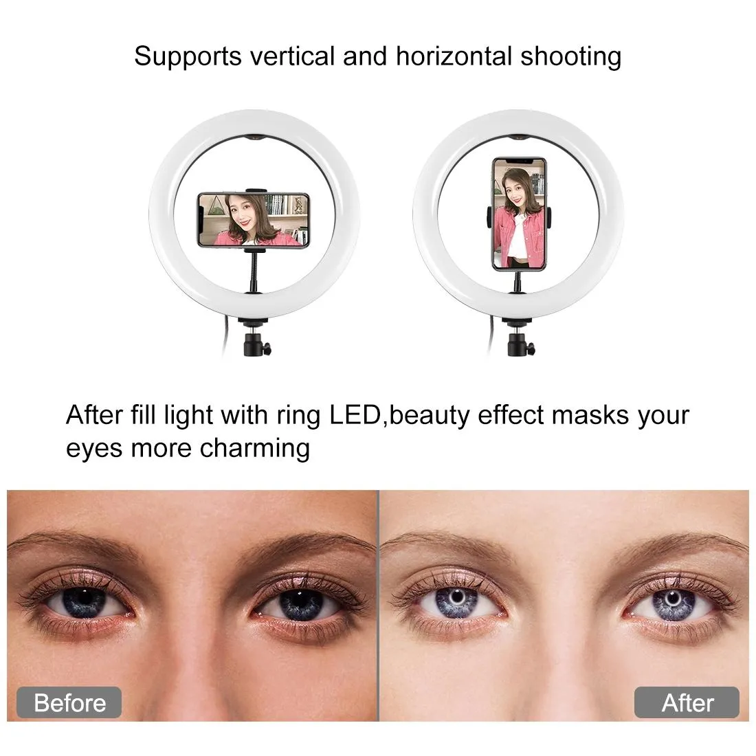 10.2" USB LED Ring Light with 10 Modes | Cold Shoe Tripod & Phone Clamp | Black