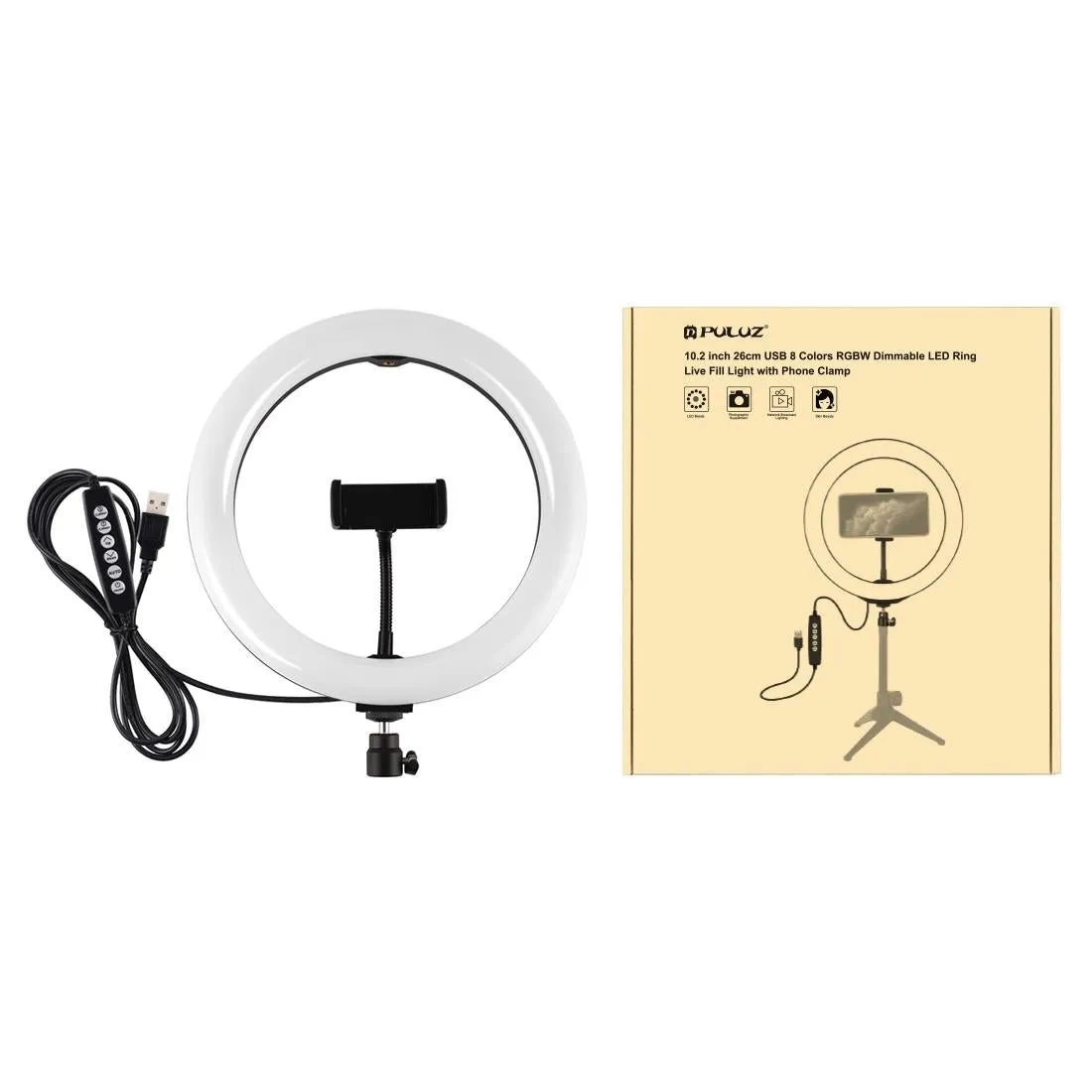 10.2" USB LED Ring Light with 10 Modes | Cold Shoe Tripod & Phone Clamp | Black