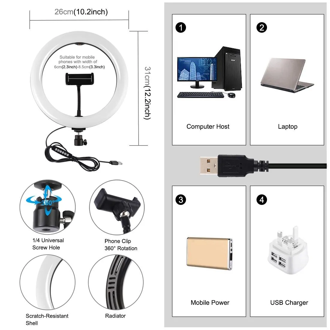 10.2" USB LED Ring Light with 10 Modes | Cold Shoe Tripod & Phone Clamp | Black