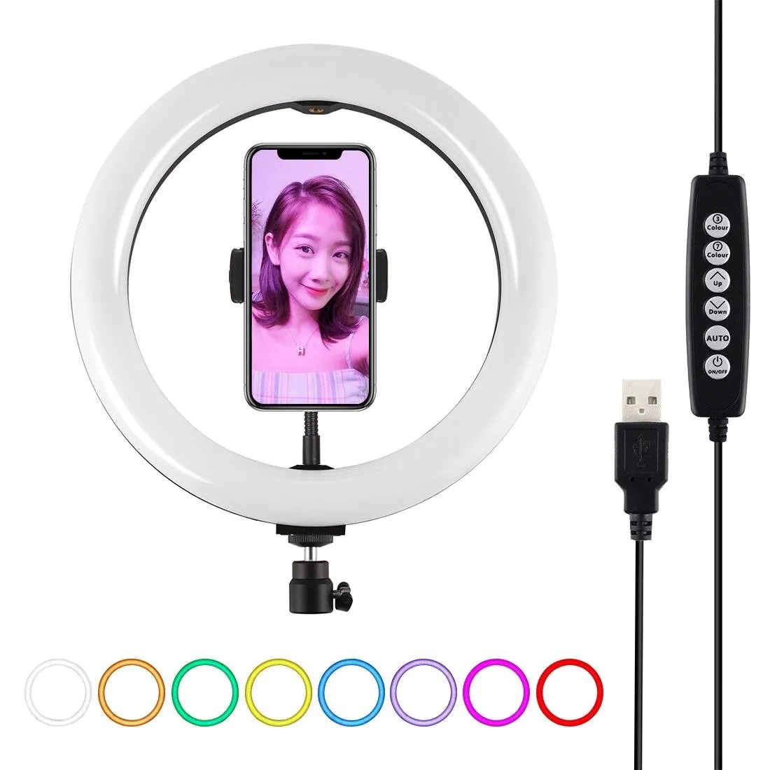 10.2" USB LED Ring Light with 10 Modes | Cold Shoe Tripod & Phone Clamp | Black
