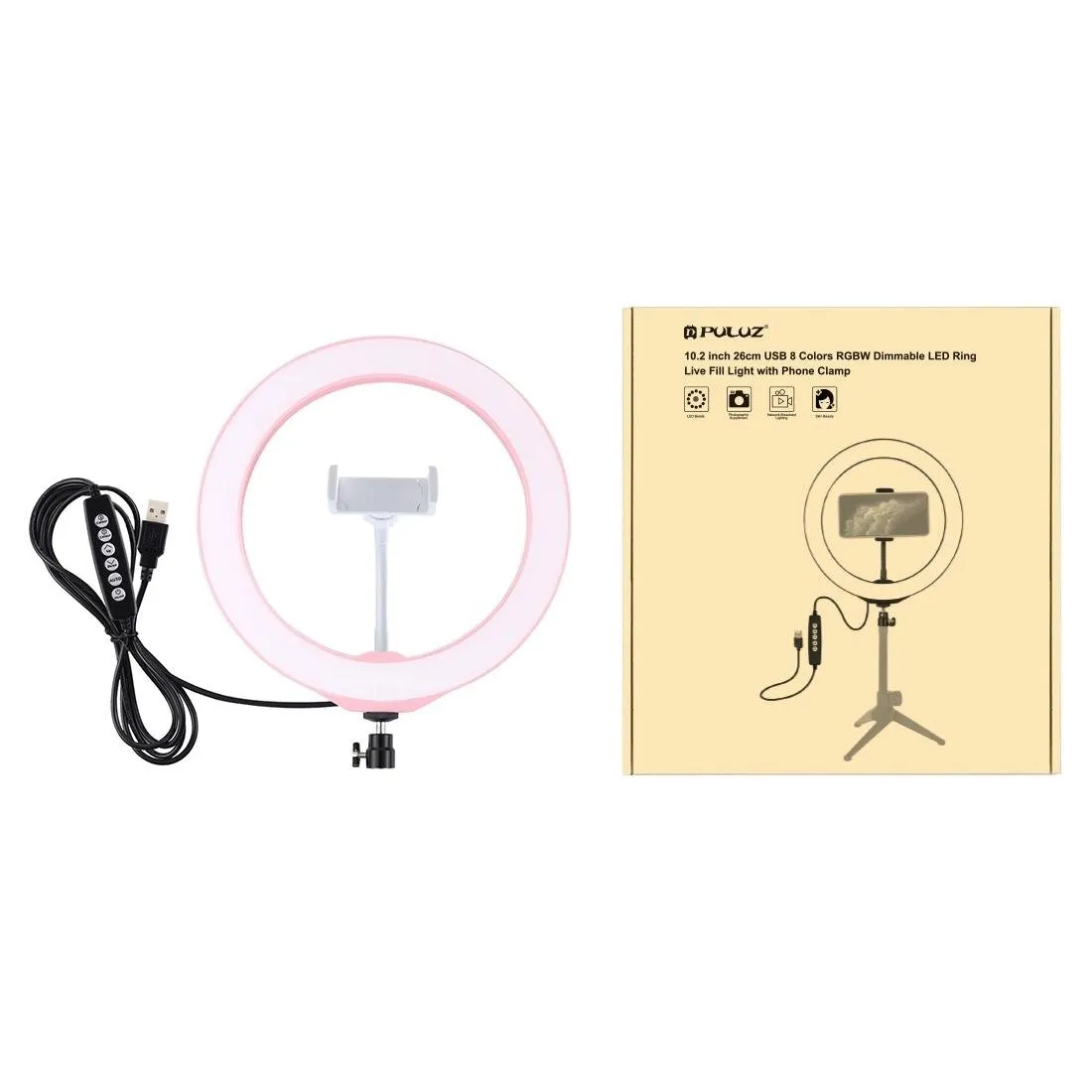 10.2" USB LED Ring Light with 10 Modes | Cold Shoe Tripod & Phone Clamp | Black