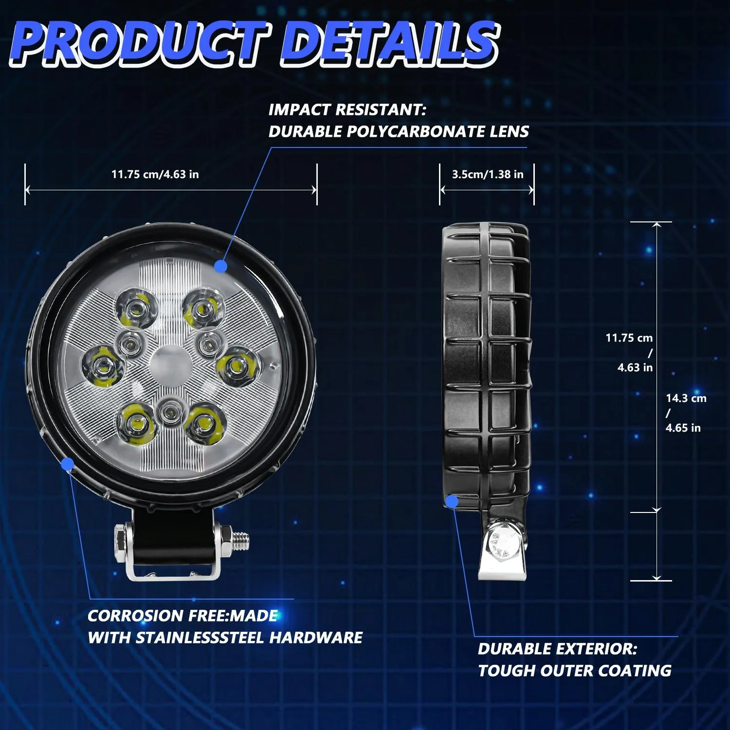 12W LED Work Light | 9-30V | Mixed Light | Round Shape | With Wire Set