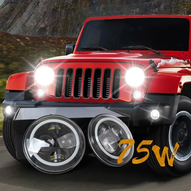 2 Pcs 7 Inch IP68 Waterproof 6500K 75W Cree LED Headlight Hi/Lo Beam Driving Lamp for Jeep Wrangler JK/TJ/LJ