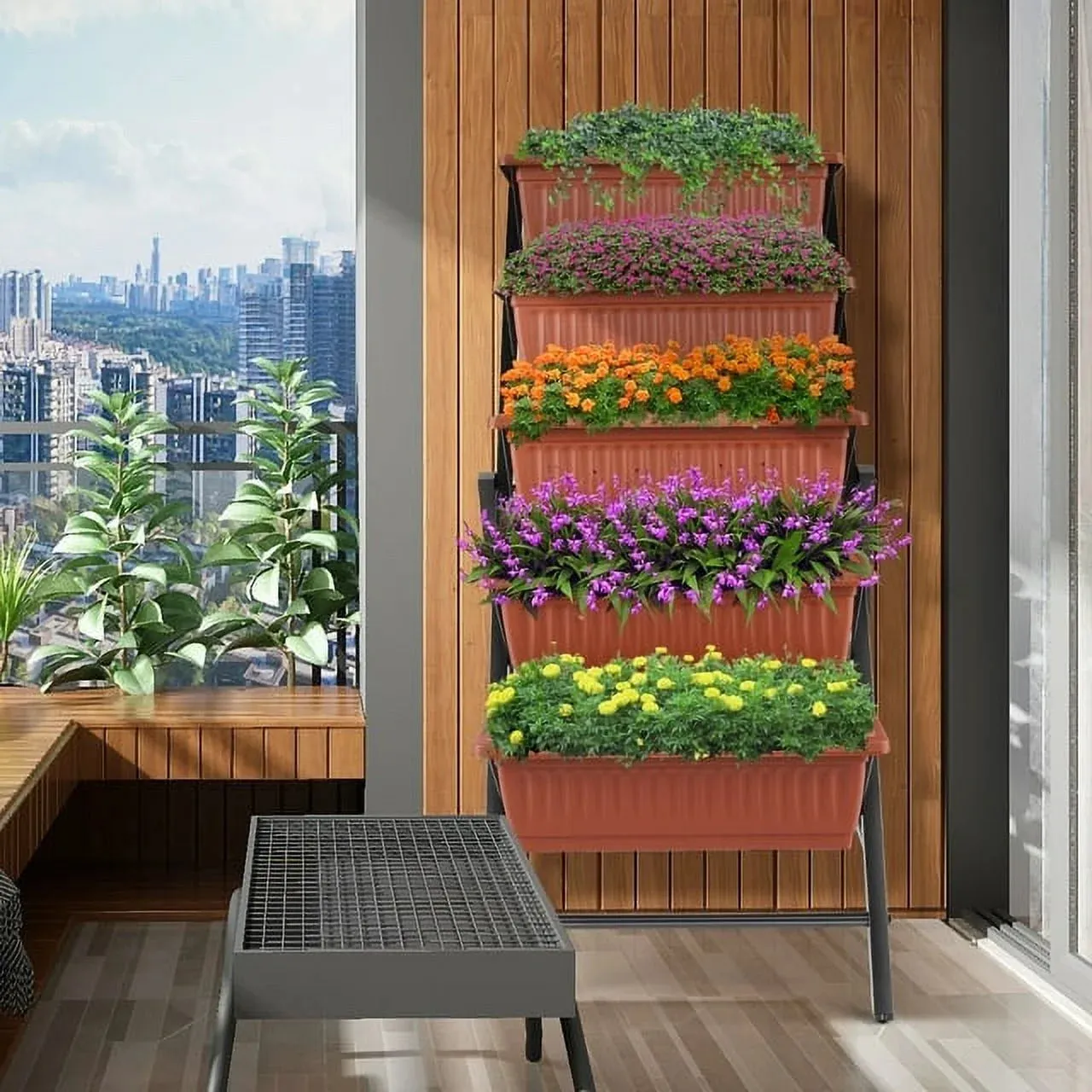 Funcid 4 ft Vertical Garden 5-Tier Raised Garden Bed Planter Box for Patio Balcony Flower Herb Freestanding Garden Planter Brown, 26"22.7545"