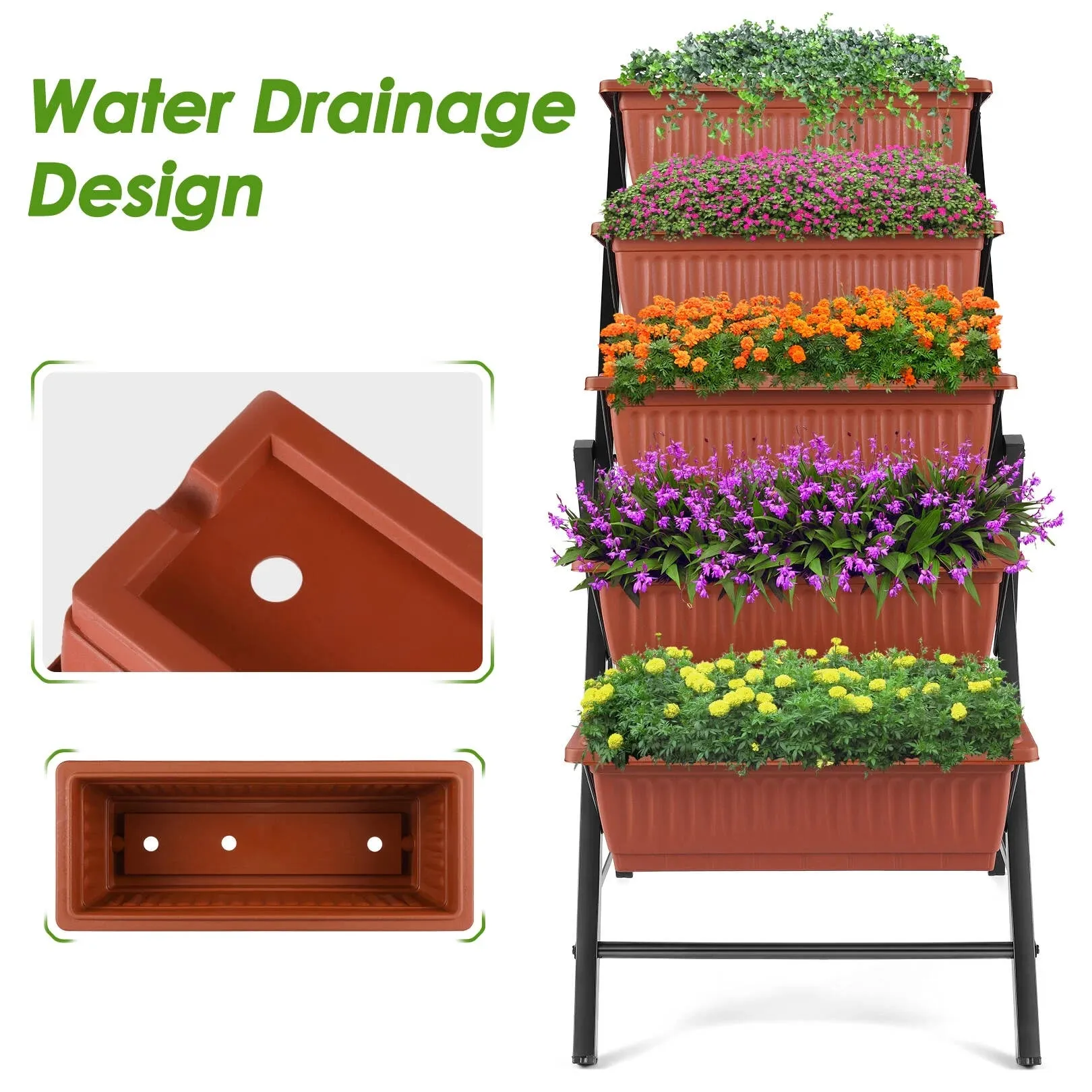 Funcid 4 ft Vertical Garden 5-Tier Raised Garden Bed Planter Box for Patio Balcony Flower Herb Freestanding Garden Planter Brown, 26"22.7545"