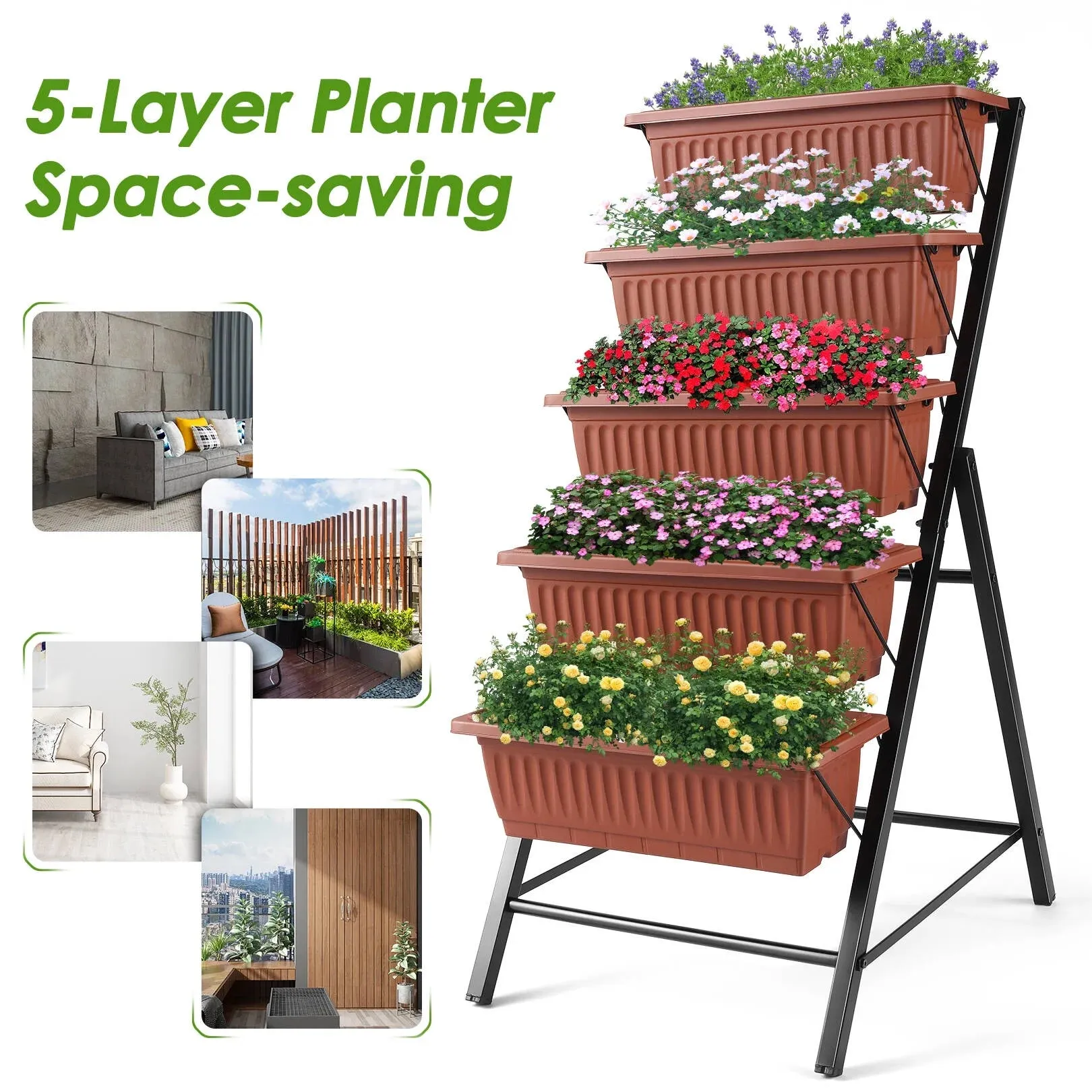 Funcid 4 ft Vertical Garden 5-Tier Raised Garden Bed Planter Box for Patio Balcony Flower Herb Freestanding Garden Planter Brown, 26"22.7545"