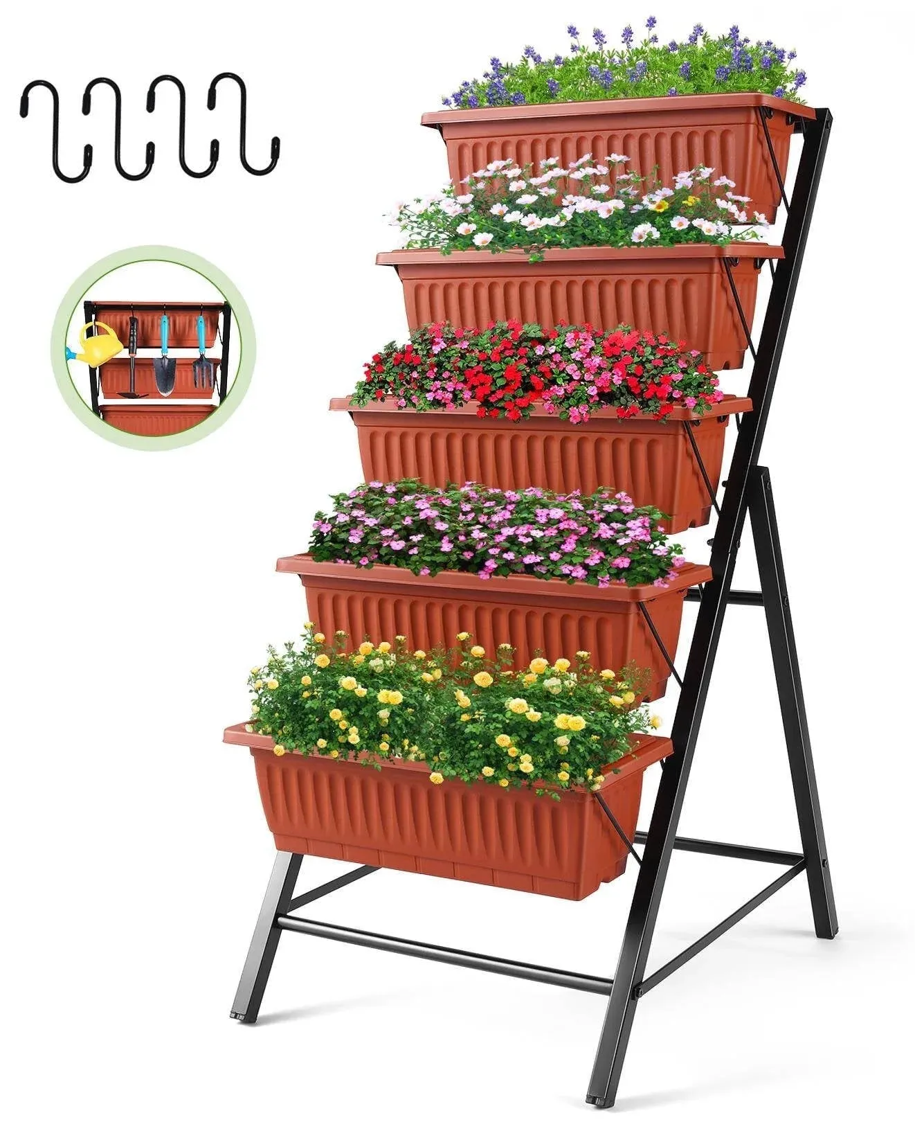 Funcid 4 ft Vertical Garden 5-Tier Raised Garden Bed Planter Box for Patio Balcony Flower Herb Freestanding Garden Planter Brown, 26"22.7545"