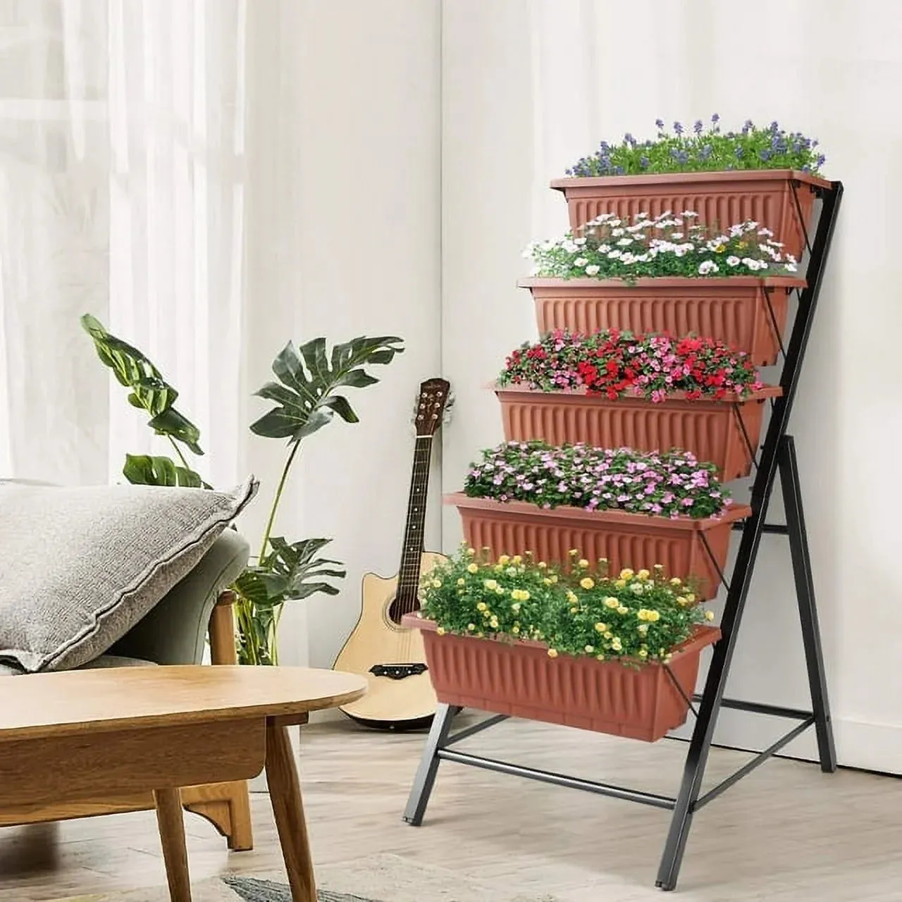Funcid 4 ft Vertical Garden 5-Tier Raised Garden Bed Planter Box for Patio Balcony Flower Herb Freestanding Garden Planter Brown, 26"22.7545"