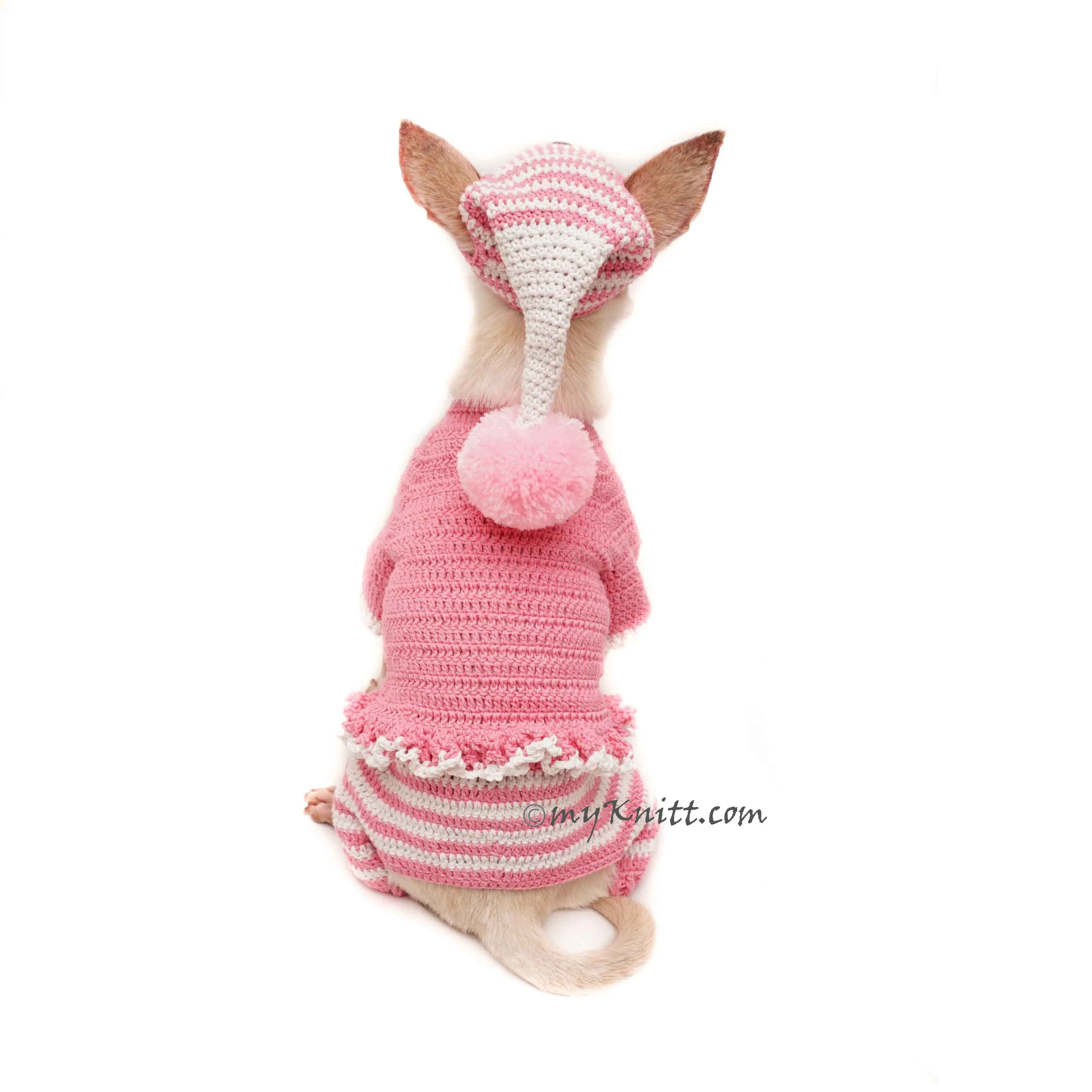 Pink Dog Pajamas with Pom Pom Dog Hat Crochet, Dog Pajamas Pink DF158 by Myknitt