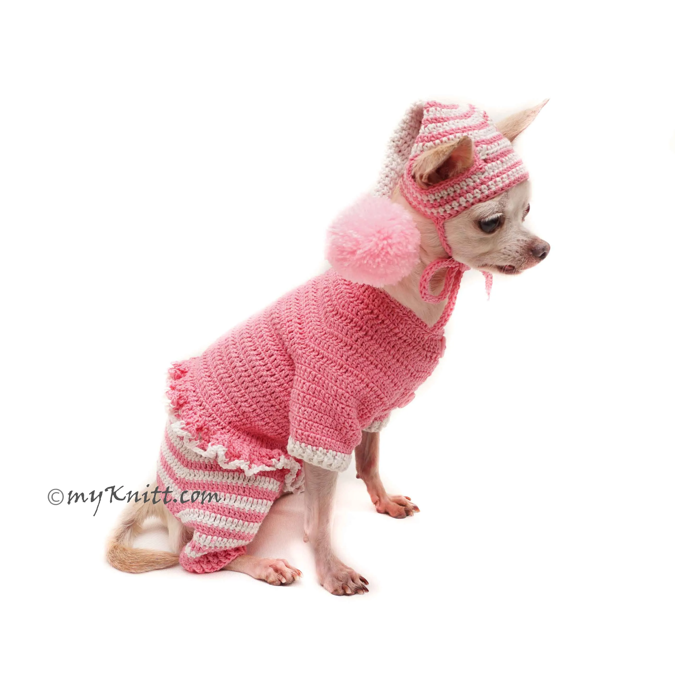 Pink Dog Pajamas with Pom Pom Dog Hat Crochet, Dog Pajamas Pink DF158 by Myknitt