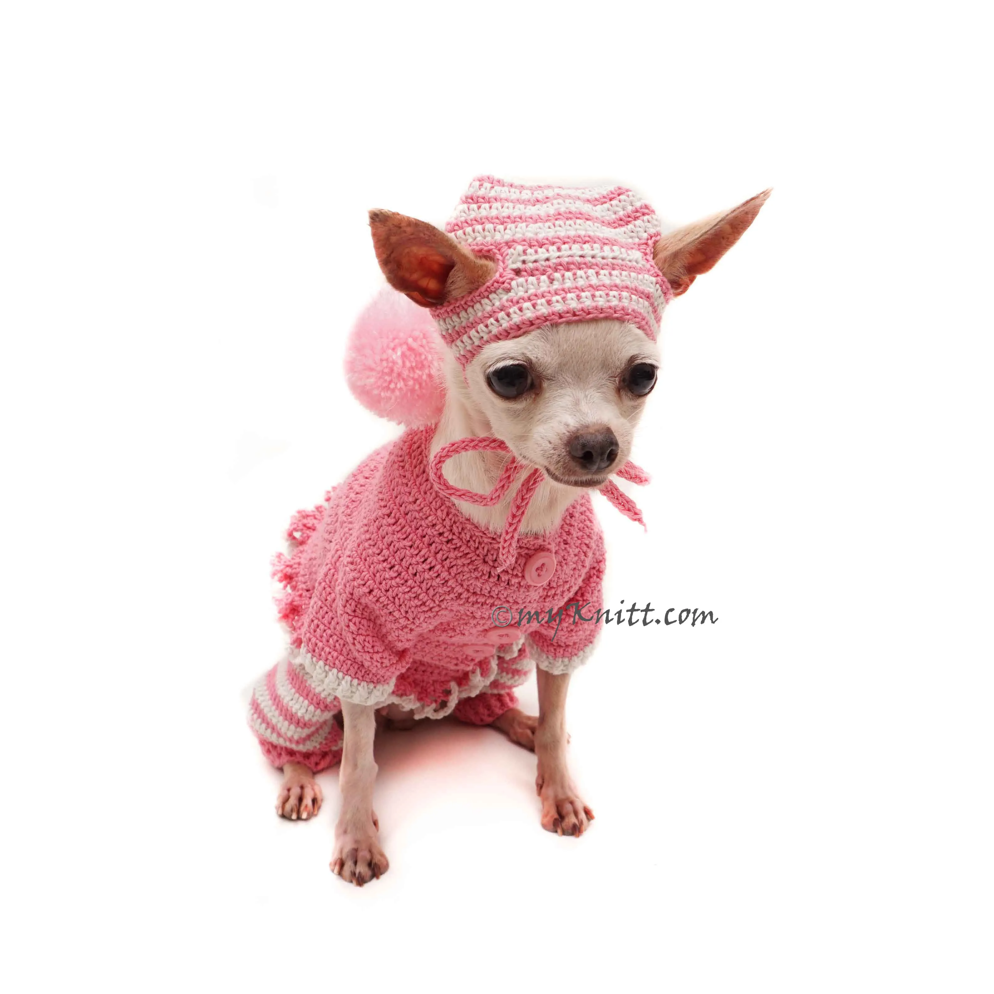 Pink Dog Pajamas with Pom Pom Dog Hat Crochet, Dog Pajamas Pink DF158 by Myknitt
